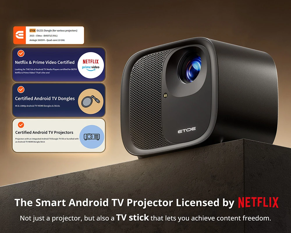 Refurbished ETOE E3 Pro Projector with Android TV, 600 ANSI, Native 1080P, 4K Decoding, Auto Focus & Keystone Correction, Dual-Band WiFi and 20W Audio - EU Plug