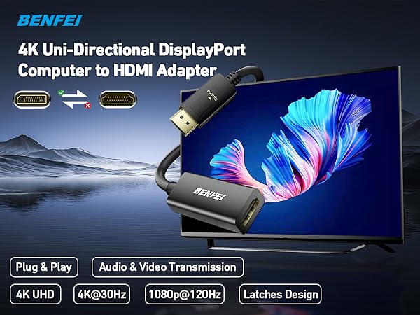 Text reads 'BENIFI 4K Uni-Directional DisplayPort Computer to HDMI Adapter' with 'Plug &amp; Play' and 'Audio &amp; Video Transmission' features shown against blue tech background.