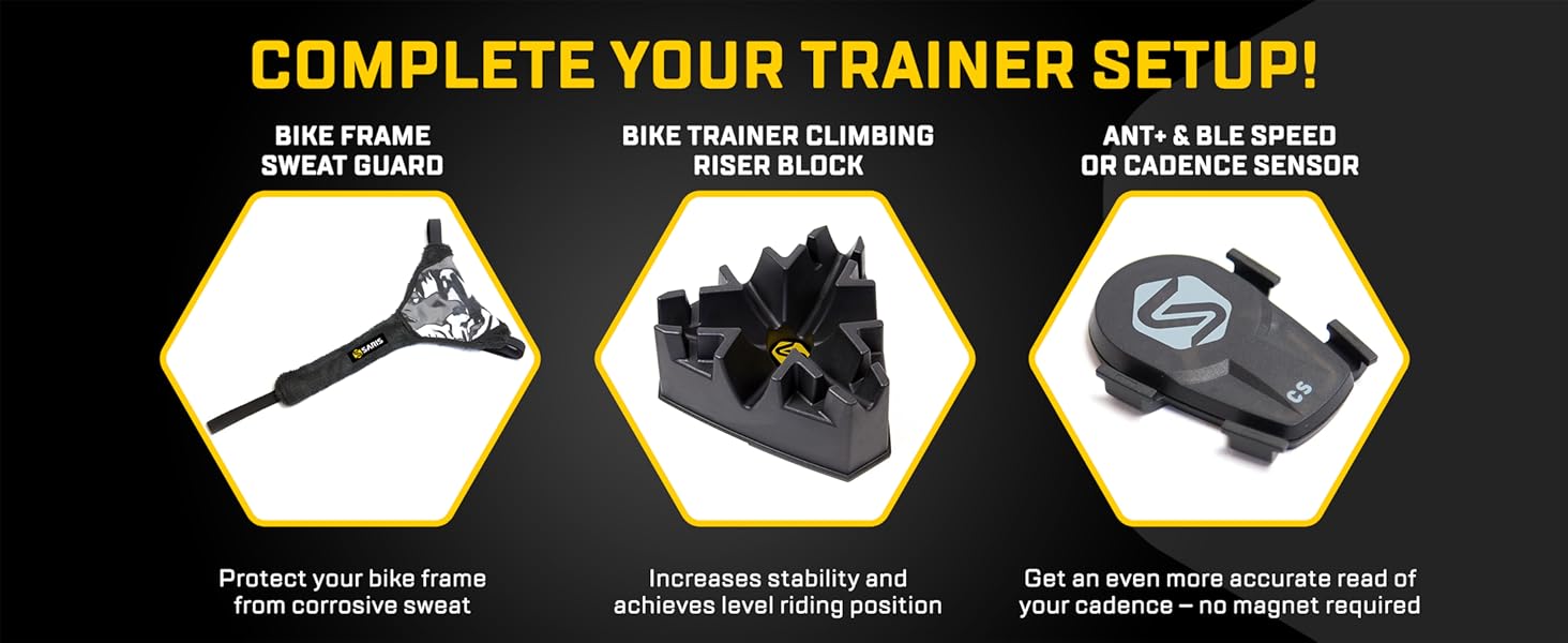 Available sweat guard, riser block and cadence sensor.