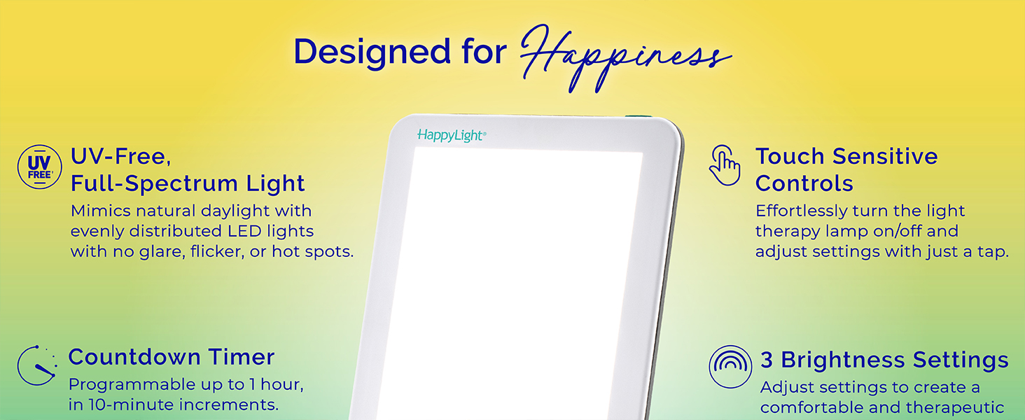 uv-free, light therapy lamp, full spectrum, brightness settings, countdown timer, slim, thin, bright
