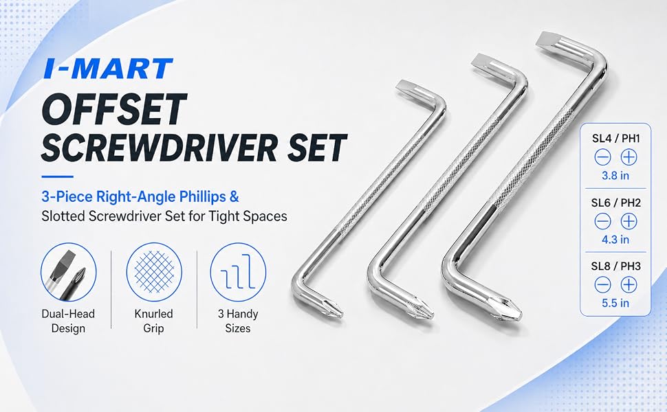3-piece offset screwdriver set with Phillips and slotted tips.