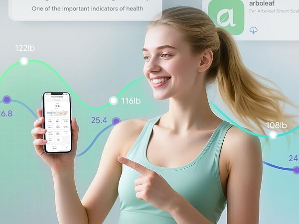 Woman using Arboleaf bathroom scale app to track body weight and BMI changes