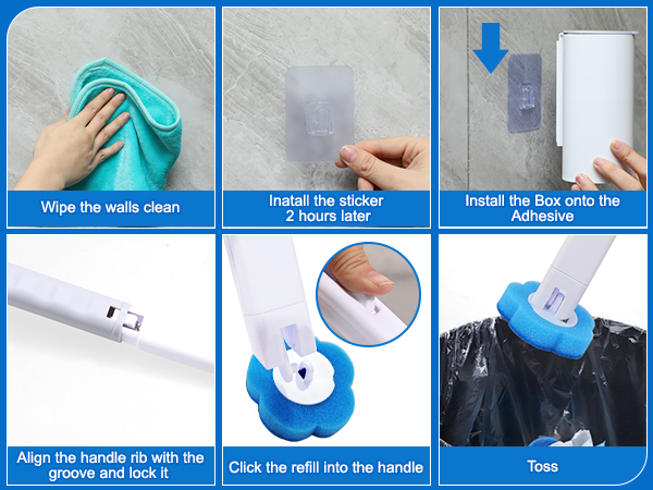 Step-by-step installation guide for wall-mounted holder. Blue-bordered panels show cleaning surface, sticker installation, box mounting, handle alignment, and clicking mechanism.