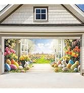 ANNA QUEEN Garden View Easter Garage Door Banner 7x16FT, Spring Flowers Easter Eggs Bunnies Garag...