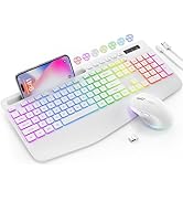 Wireless Keyboard and Mouse Combo, 9 Backlit Effects, Wrist Rest, Phone Holder, 2.4G Lag-Free Erg...