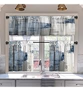 MCALK Blue Blackout Kitchen Curtains Tiers and Valances Set 3 Piece for Windows White and Grey Ki...