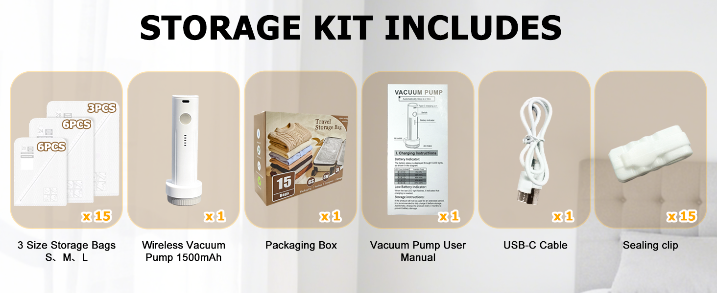 Vacuum storage kit includes 15 bags, wireless pump, USB-C cable, clips, manual and box.