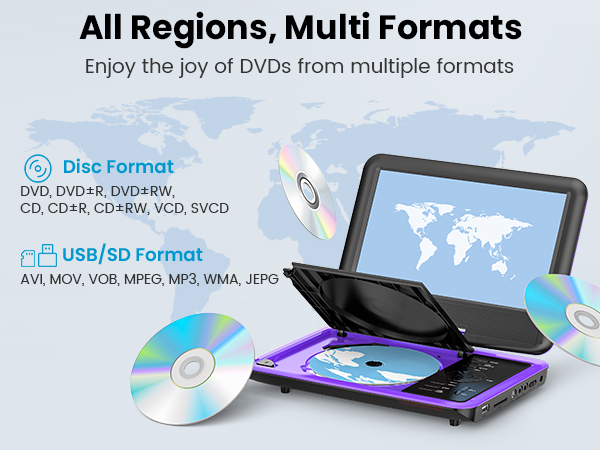 All-Region portable DVD player that plays DVDs from any country, ideal for home and on-the-go use