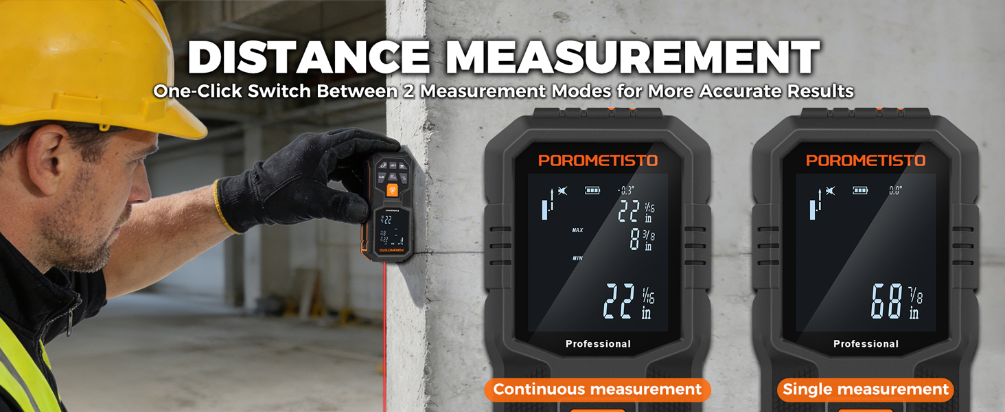 Text reads 'DISTANCE MEASUREMENT'. Two digital measurement devices displaying readings on their screens, being used by someone in a work setting.