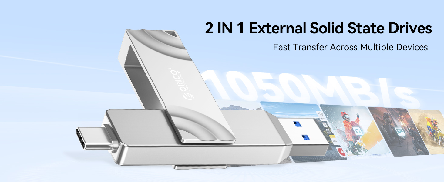 2-in-1 external solid state drive with dual USB connectors, shown with graphics illustrating fast transfer capability.