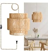 Chi An Home Jute Hanging Lamp Plug in, Natural Wicker Pendant Light with 3-Way Dimmable Switch, H...