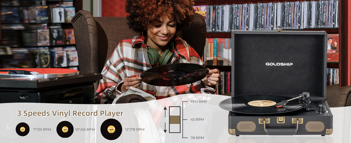 Vinyl Record Player 3-Speed Bluetooth Turntable with Rechargeable Battery