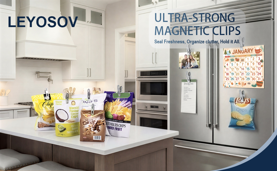 Strong magnetic clips sealing snack bags and holding photos on a fridge.