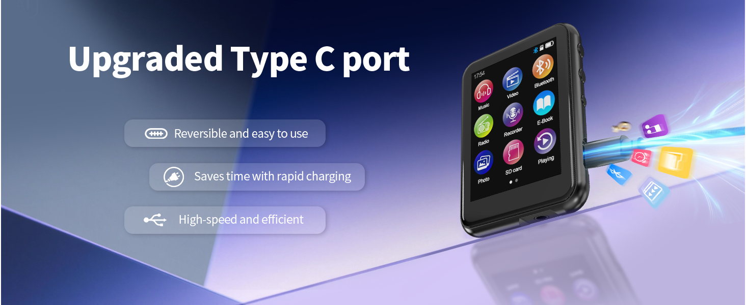 Text: 'Upgraded Type C port' with three feature descriptions: 'Reversible to be easy to use', 'Save time with rapid charging', 'High-speed and efficient'. Shows device interface with app icons.