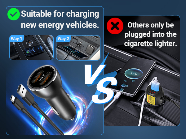 Comparison of vehicle charging options showing a USB car charger with blue glow versus a standard cigarette lighter charging port.