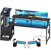 DUMOS L Shaped Gaming Desk with Shelves Storage Drawers 58'', Black Computer Desks with LED Light...