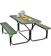 GYMAX Picnic Table, Table Bench Set w/Stable Steel Frame &amp; All Weather Table Top for Outdoors Bac...