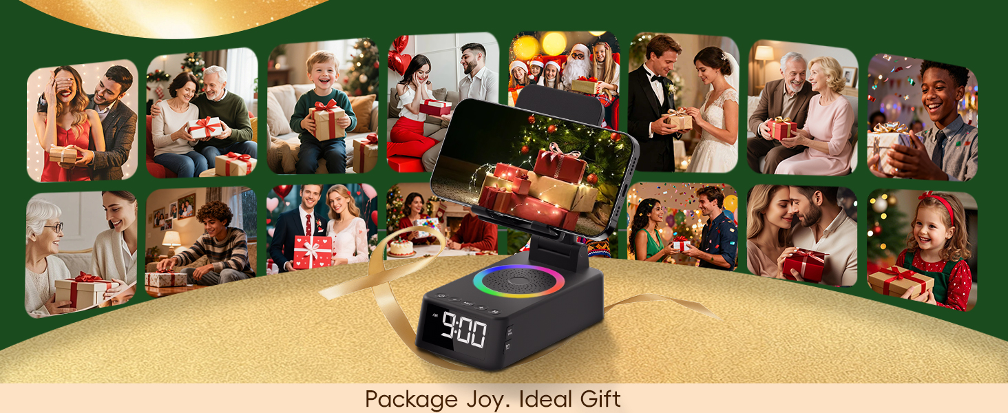 Multiple photo frames arranged in curved panoramic display showing group photos against green background.