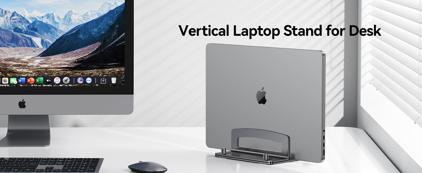 The image shows Vertical laptop stand on desk saves space and organizes desk items efficiently