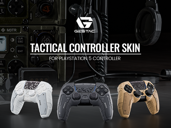 Text reads 'TACTICAL CONTROLLER SKIN FOR PLAYSTATION 5 CONTROLLER'. Multiple views of gaming controller skins in different colors including white, black, and tan/brown finishes.