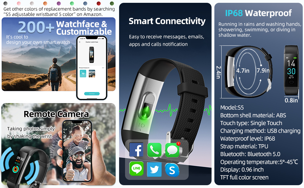 message/call notification, remote camera, ip68 water proof