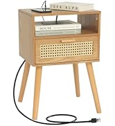 MaxSmeo Mid Century Modern Nightstand with Charging Station, Bedside Tables with Rattan Drawer, S...