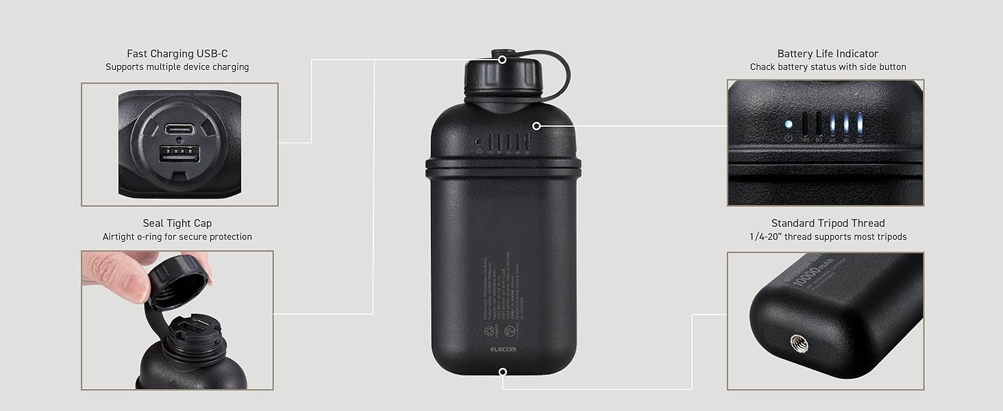 fast charging usbc port seal tight cap battery life indicator tripod thread