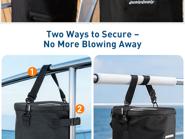 fasten trash bag firmly to boat railings, T-tops