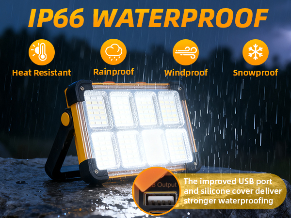 IP66 waterproof LED work light tested in heavy rain with weatherproof USB silicone cover