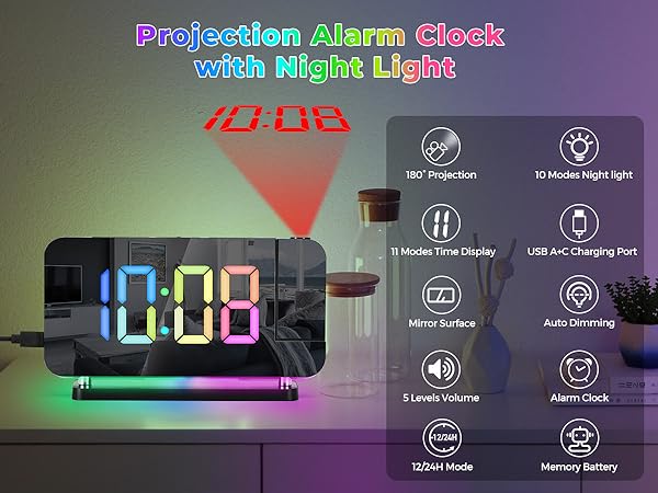 Projection led mirror digital alarm clock with rgb night light