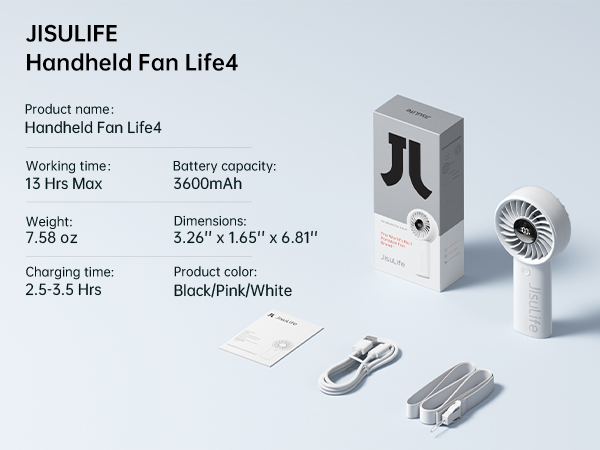 JISULIFE Handheld Fan Life4: Portable fan with 13-hour max runtime, 3600mAh battery, 7.58 oz weight. Includes charging cable and stand. Available in black, pink, or white.