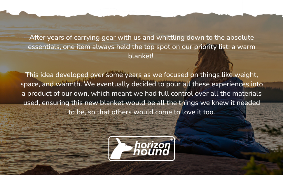 Outdoor scene with blue blanket on rocky shore. Text overlay describes product development. Logo reads "horn &amp; hound" with stylized animal head icon.