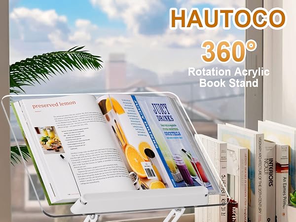 Text reads 'HAOTOGO 360° Rotation Acrylic Book Stand'. Demonstration of clear acrylic book holder displaying open books at adjustable angles in home setting.