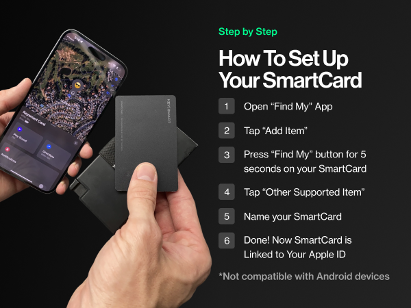 Text reads 'Step by Step How To Set Up Your SmartCard' with numbered instructions 1-6 and disclaimer '*Not compatible with Android devices'. Hands holding smartphone displaying app with SmartCard setup process.