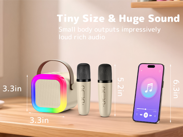 Text reads 'Tiny Size &amp; Huge Sound'. Product display shows 3.3-inch compact speaker in pink alongside smartphone and two cylindrical devices, with dimensions marked.