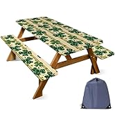 ANNA QUEEN St. Patrick’s Day Clover 6FT Picnic Table Cover with Bench Covers Set of 3 with Drawst...