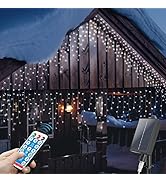 mimigogo 300 LED Solar Icicle Lights Outdoor with Remote Control, 33ft 8 Modes Curtain String Lig...