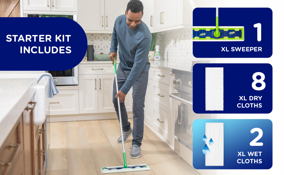 Swiffer sweeper extra large starter kit includes 1 extra large sweeper 8 dry cloths and 2 wet cloths