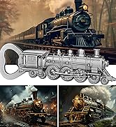 Vintage steam locomotive bottle opener with detailed engine design. Background shows images of steam trains in motion.
