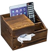 MyGift Deluxe Burnt Wood Remote Control Caddy with Tissue Box Cover – Multi-Compartment Organizer...