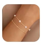 NECOCY Gold Pearl Bracelets for Women,14K Gold Plated Bracelets Dainty Pearls Beaded Link Chain C...