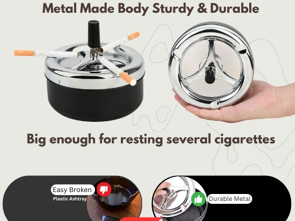 Round Push Down Spinning Metal Ashtray - Black