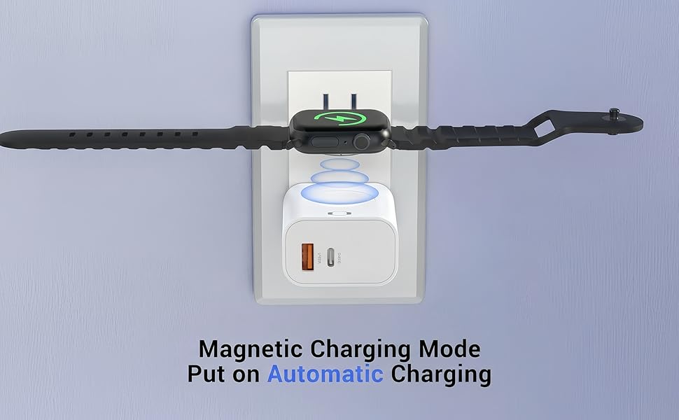 Magnetic wall charger block automatically aligning and charging a smartwatch cable-free.