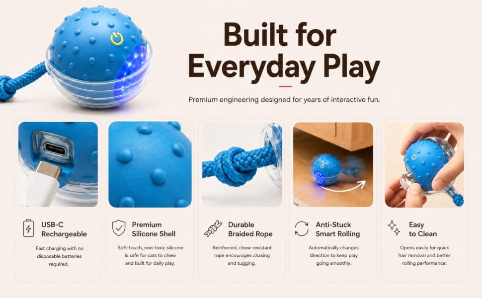 Interactive rolling cat toy with USB-C charging, anti-stuck rolling, and easy cleaning.