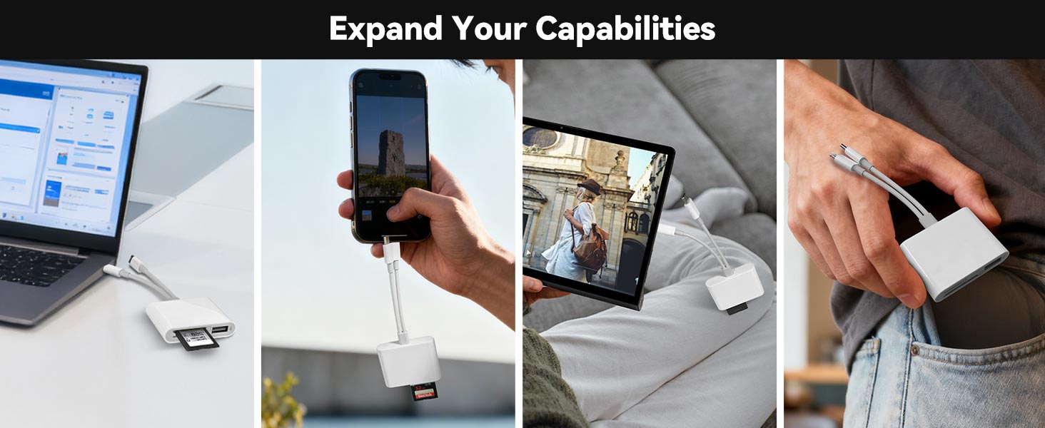 SD and TF Card Reader with USB Port for iPhone iPad Mac Lightning &amp; USB-C Dual Connector