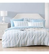 LEMIROE Neutral 100% Cotton Duvet Cover King Size 3PC - Soft Blue &amp; Ivory White Stripes with Line...