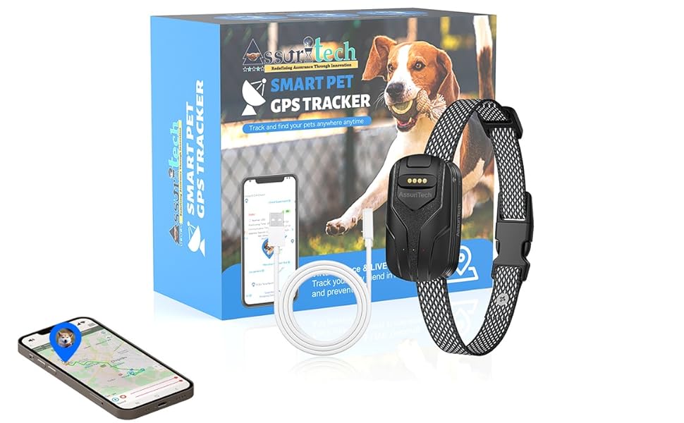 Text reads 'GPS TRACKER'. Product display showing GPS tracking device with smartwatch and mobile app interface components in retail packaging.