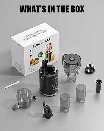 main unit, auger, feed chute, juice cup, pulp container, cleaning brush, food pusher, filter rack