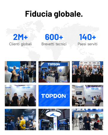 Text reads "Fiducia globale," "2M+ clienti globali" (2M+ global clients), "600+ Brevetti Tecnologici" (600+ Technology Patents), "140+ Paesi" (140+ Countries), "TOPDON". Grid of photographs showing diverse groups of professionals and global operations, representing company reach and client base.
