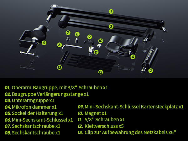 Exploded view of camera rig components, including arm groups, screws, clamps, sockets, and tools. Numbered labels identify each part in German.